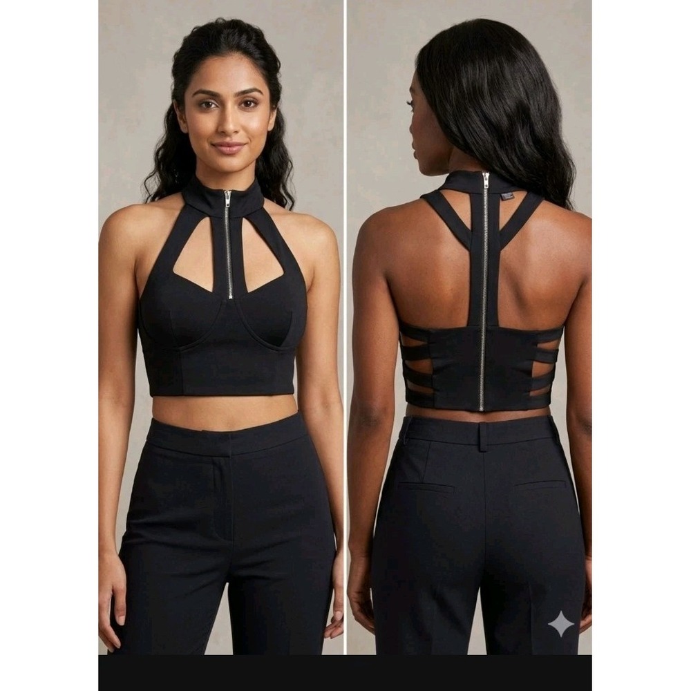 Blondie Nites Black Halter Crop Top Cross Sides Formal Juniors 21W Plus Size